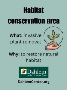 Graphic: Habitat conservation area. What: invasive plant removal. Why: to restore natural habitat. Dahlem Jackson's Nature Place logo